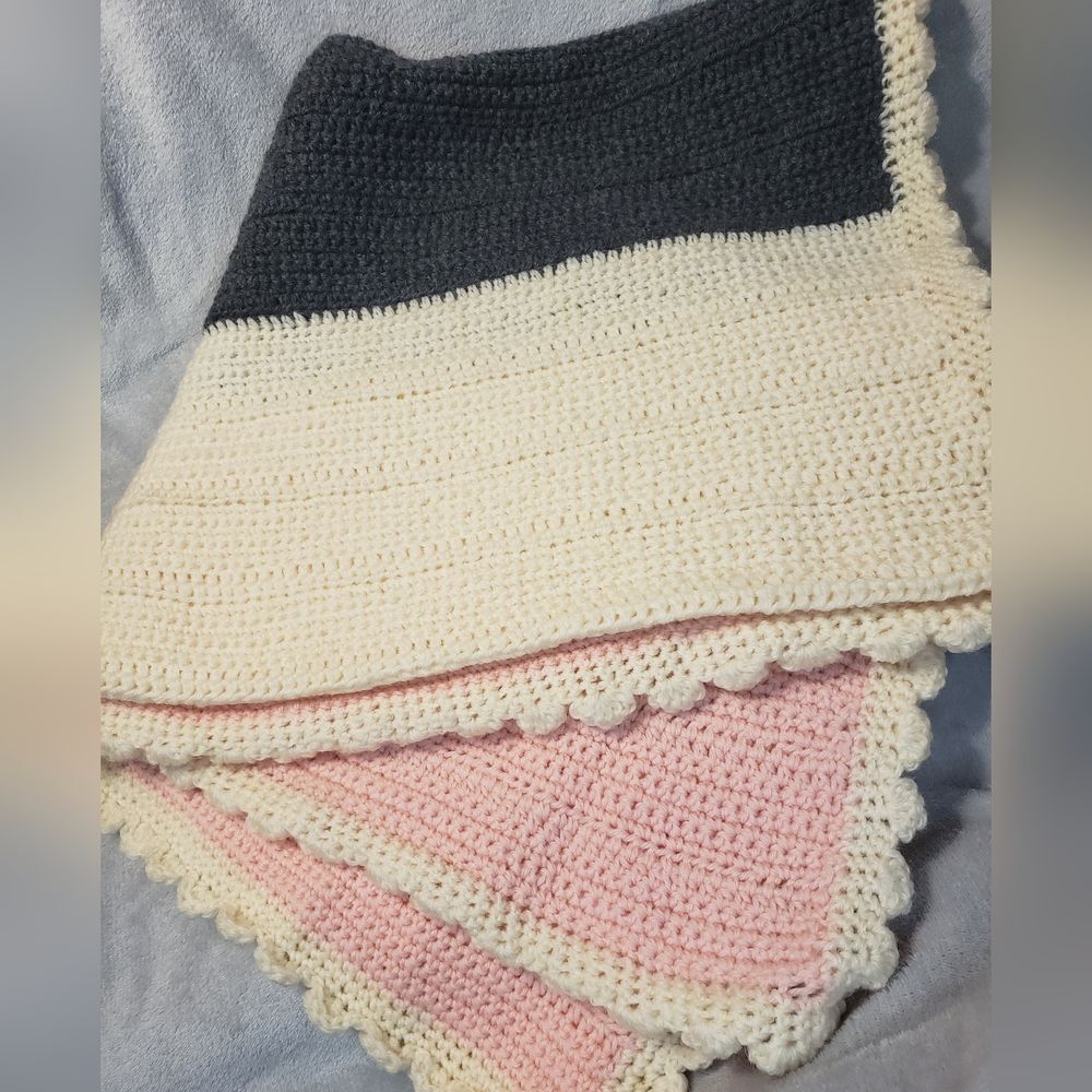 Crochet Blanket Throw 63" x 35" Pink Grey Cream Handmade New